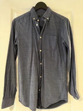 New Look Men’s Navy Blue Textured Button-Down Long Sleeve Shirt, Size XS